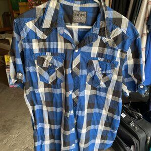 Straight Faded Shirt Mens Xlarge Plaid Short Sleeve Casual Top Pockets